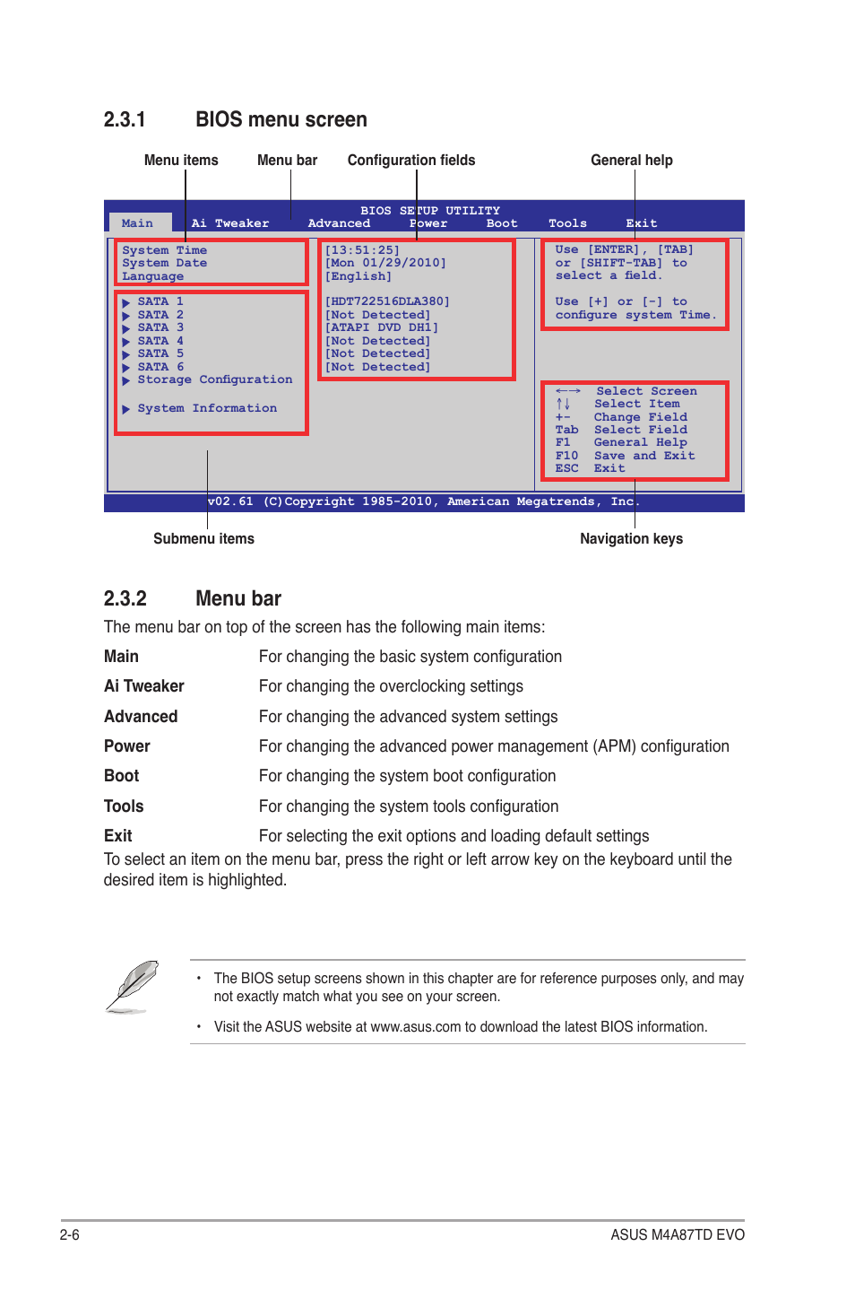 1 bios menu screen, 2 menu bar, 1 bios menu screen 2.3.2 menu bar | Asus M4A87TD EVO User Manual | Page 52 / 76