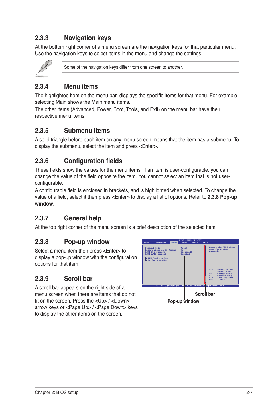 3 navigation keys, 4 menu items, 5 submenu items | 6 configuration fields, 7 general help, 8 pop-up window, 9 scroll bar | Asus M4A87TD EVO User Manual | Page 53 / 76