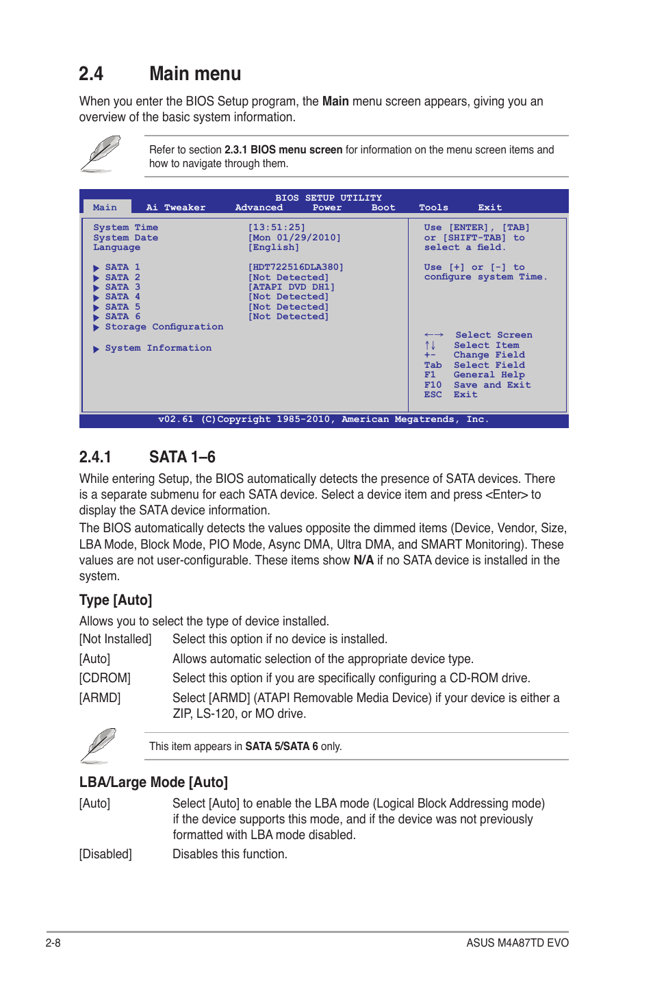4 main menu, 1 sata 1–6, Type [auto | Lba/large mode [auto | Asus M4A87TD EVO User Manual | Page 54 / 76
