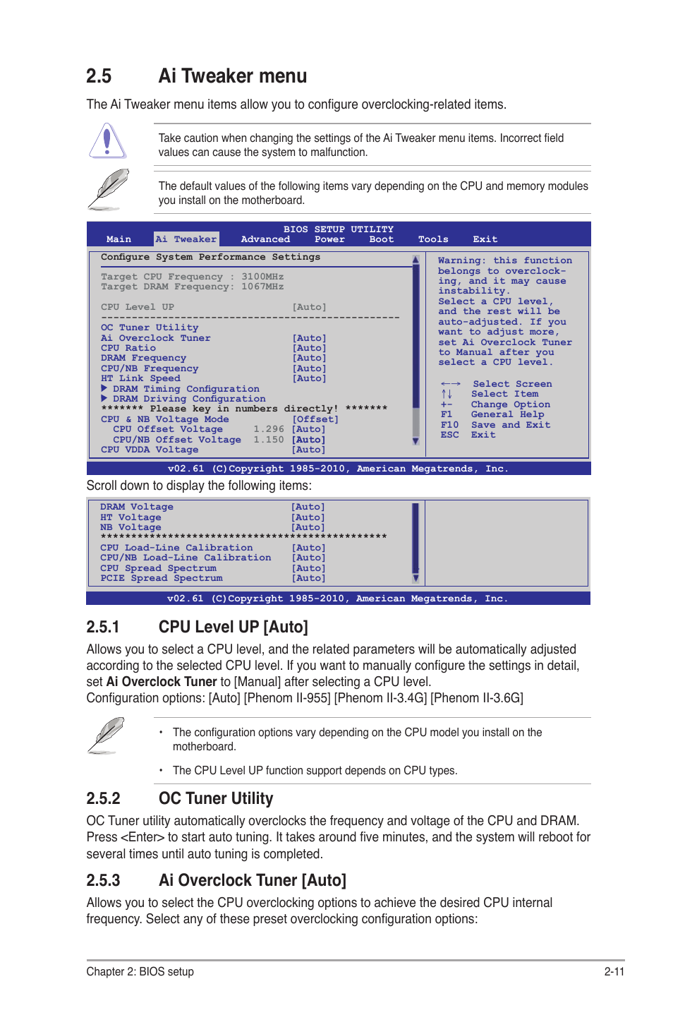 5 ai tweaker menu, 1 cpu level up [auto, 2 oc tuner utility | 3 ai overclock tuner [auto, Scroll down to display the following items | Asus M4A87TD EVO User Manual | Page 57 / 76