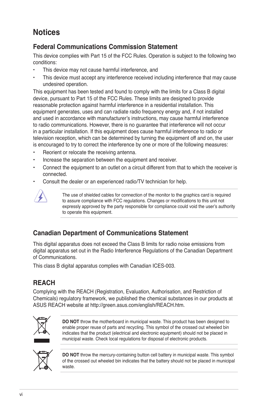 Notices, Federal communications commission statement, Canadian department of communications statement | Reach | Asus M4A87TD EVO User Manual | Page 6 / 76