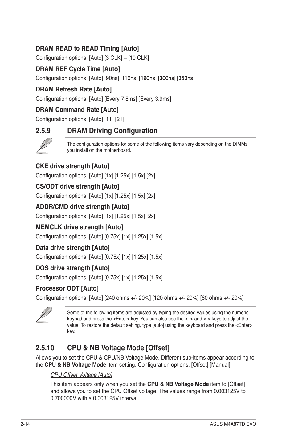 9 dram driving configuration, 10 cpu & nb voltage mode [offset | Asus M4A87TD EVO User Manual | Page 60 / 76