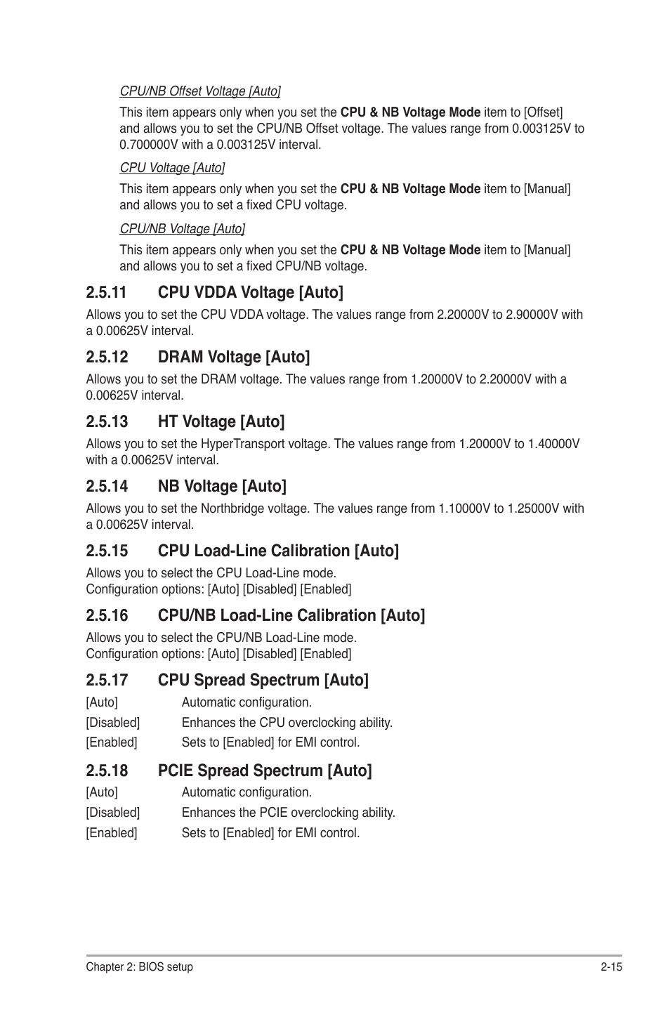 11 cpu vdda voltage [auto, 12 dram voltage [auto, 13 ht voltage [auto | 14 nb voltage [auto, 15 cpu load-line calibration [auto, 16 cpu/nb load-line calibration [auto, 17 cpu spread spectrum [auto, 18 pcie spread spectrum [auto | Asus M4A87TD EVO User Manual | Page 61 / 76