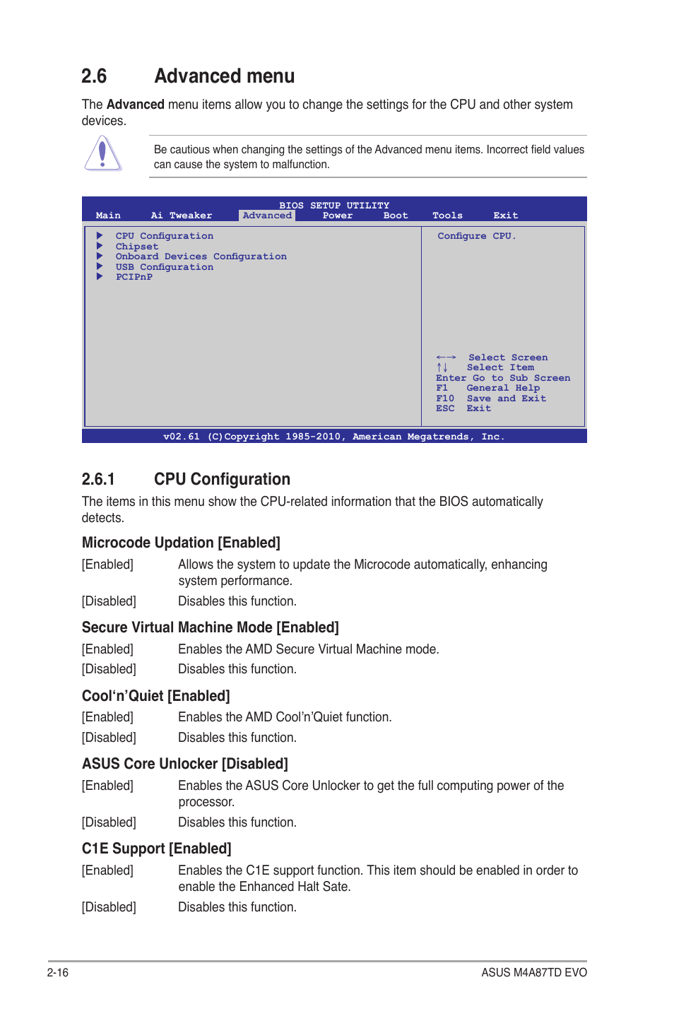 6 advanced menu, 1 cpu configuration | Asus M4A87TD EVO User Manual | Page 62 / 76