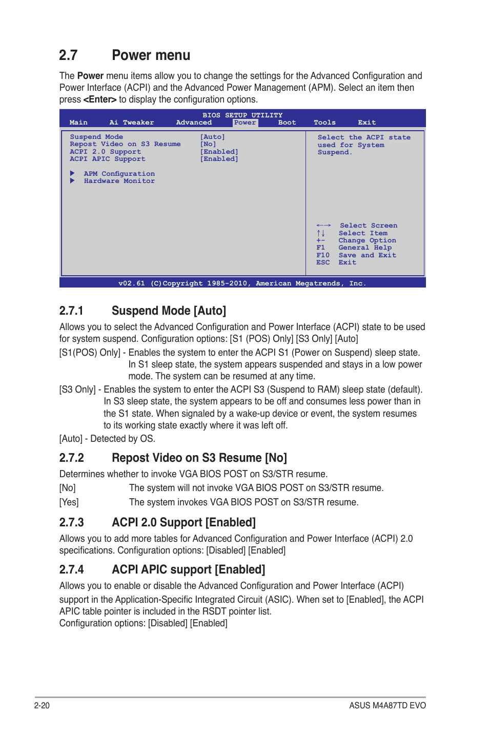 7 power menu, 1 suspend mode [auto, 2 repost video on s3 resume [no | 3 acpi 2.0 support [enabled, 4 acpi apic support [enabled | Asus M4A87TD EVO User Manual | Page 66 / 76