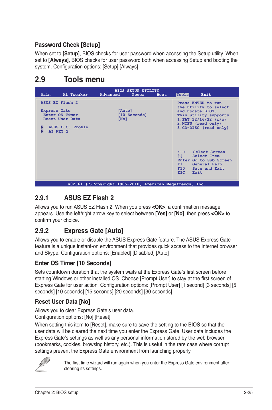 9 tools menu, 1 asus ez flash 2, 2 express gate [auto | Password check [setup, Enter os timer [10 seconds, Reset user data [no | Asus M4A87TD EVO User Manual | Page 71 / 76