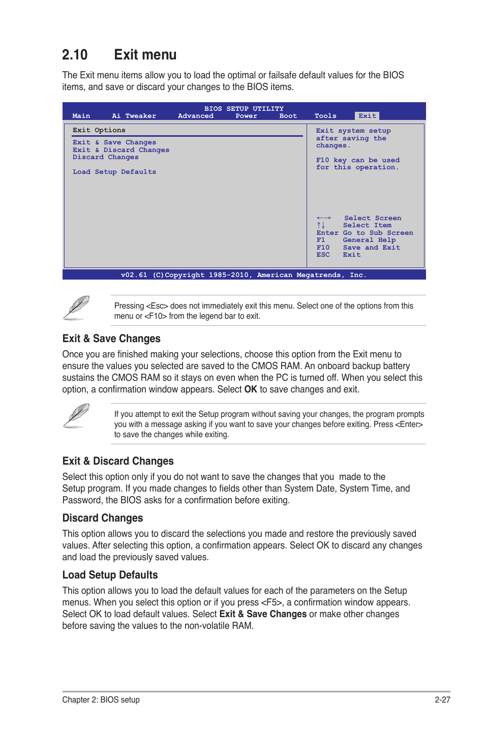 10 exit menu, Exit & save changes, Exit & discard changes | Discard changes, Load setup defaults | Asus M4A87TD EVO User Manual | Page 73 / 76