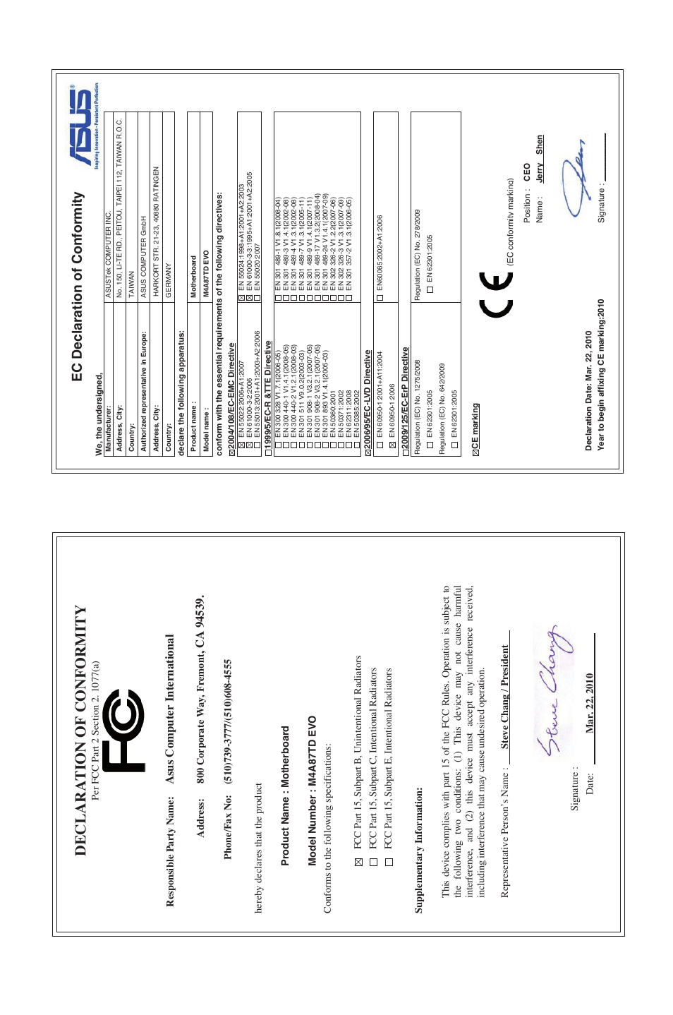 Declaration of conformity, Ec declaration of conformity, Asu s c om pu te r i nt er na tio na l | Asus M4A87TD EVO User Manual | Page 76 / 76