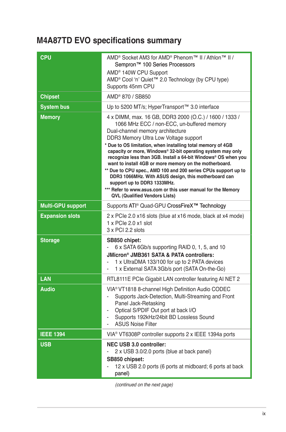 M4a87td evo specifications summary | Asus M4A87TD EVO User Manual | Page 9 / 76