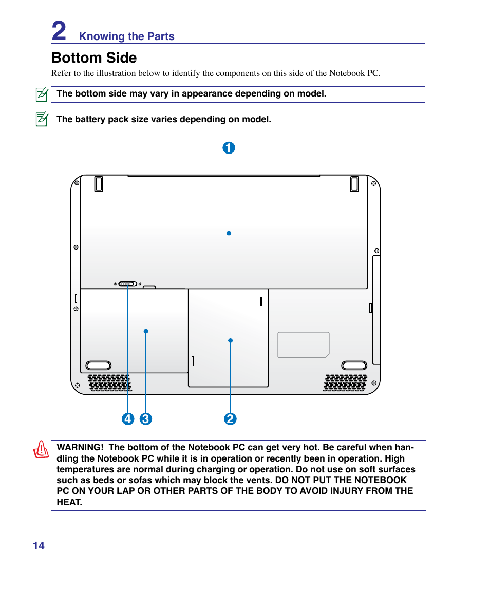 Bottom side | Asus K51AE User Manual | Page 14 / 79