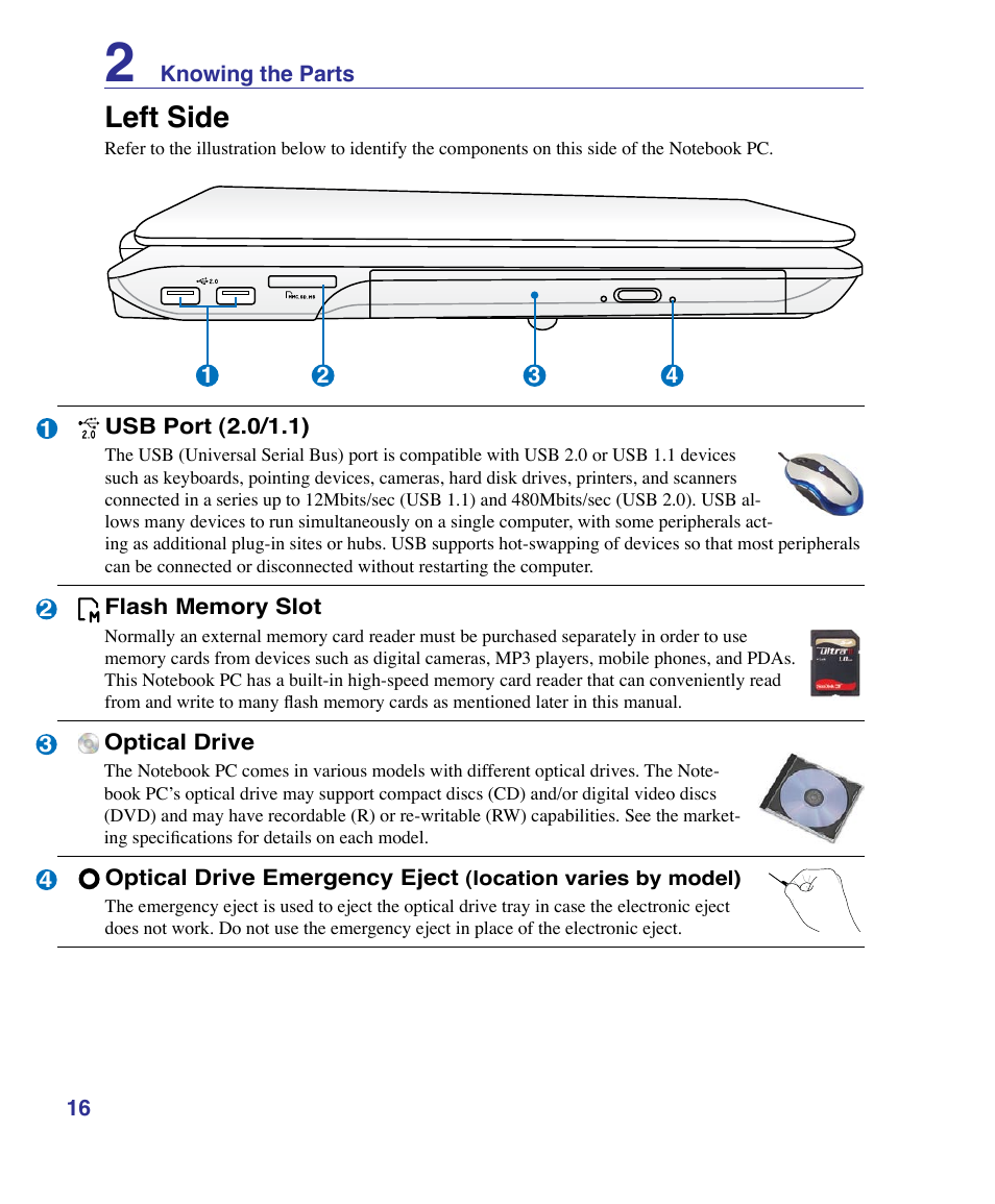 Left side | Asus K51AE User Manual | Page 16 / 79