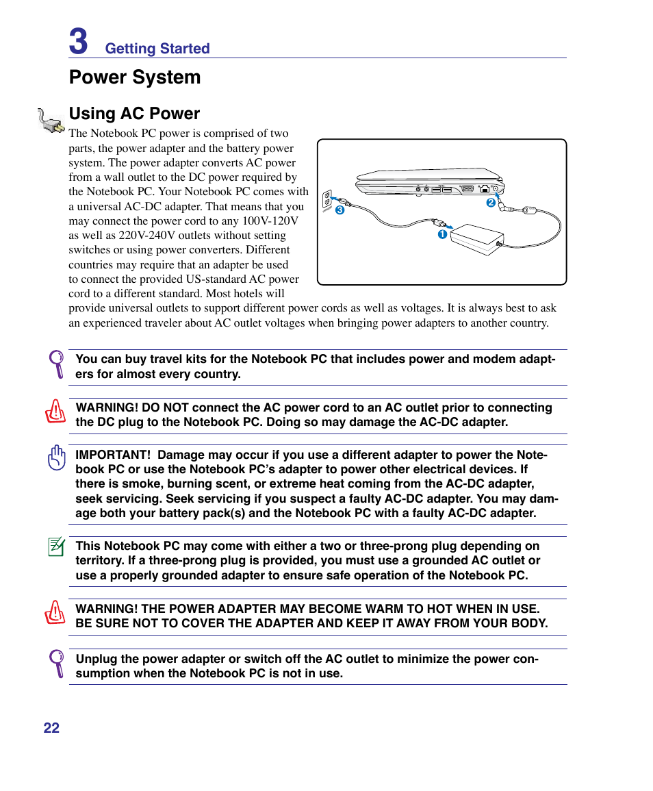 Power system, Using ac power | Asus K51AE User Manual | Page 22 / 79