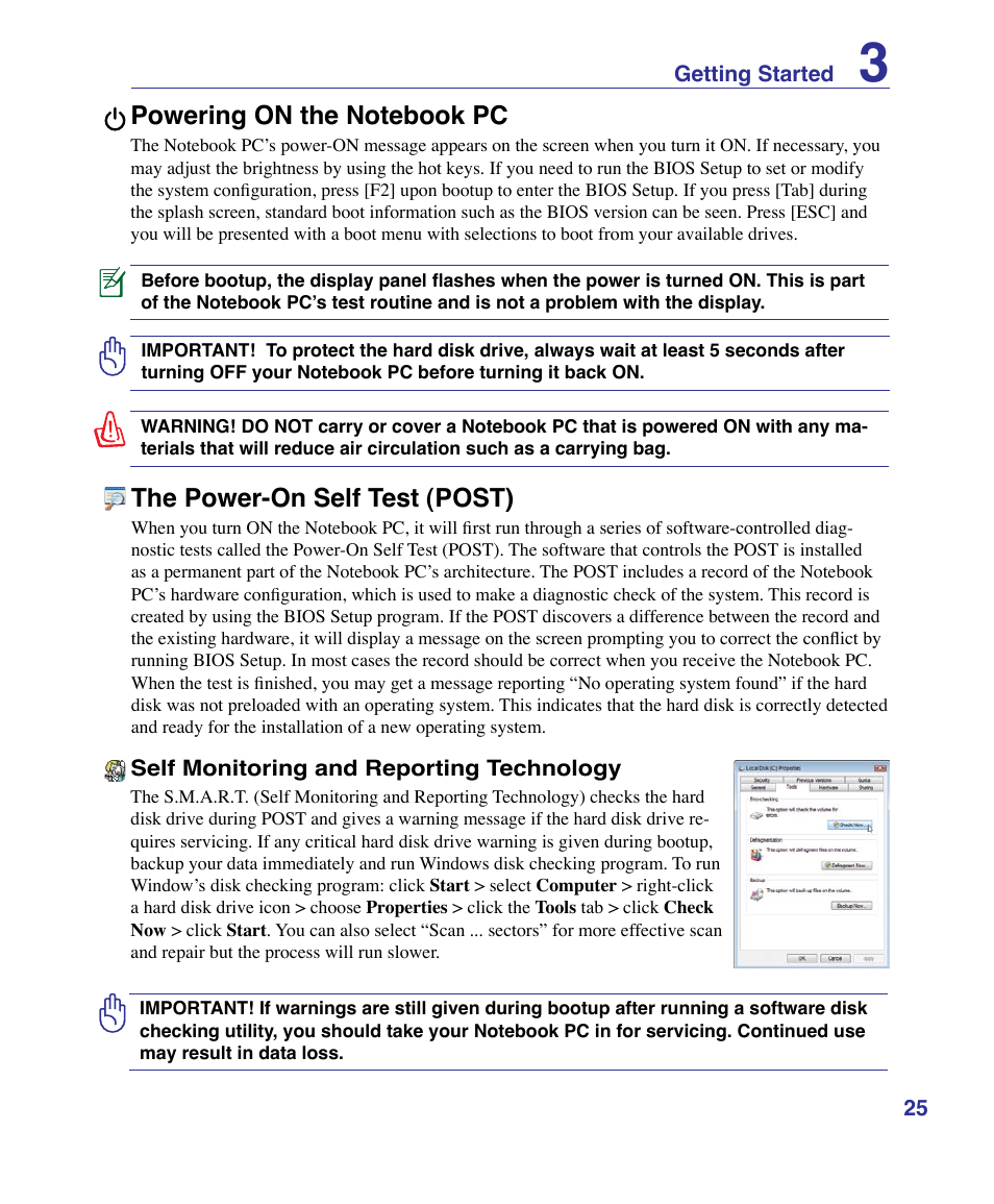 Powering on the notebook pc, The power-on self test (post) | Asus K51AE User Manual | Page 25 / 79
