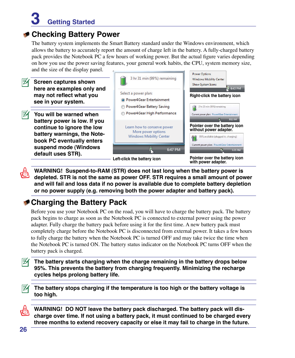 Checking battery power, Charging the battery pack | Asus K51AE User Manual | Page 26 / 79