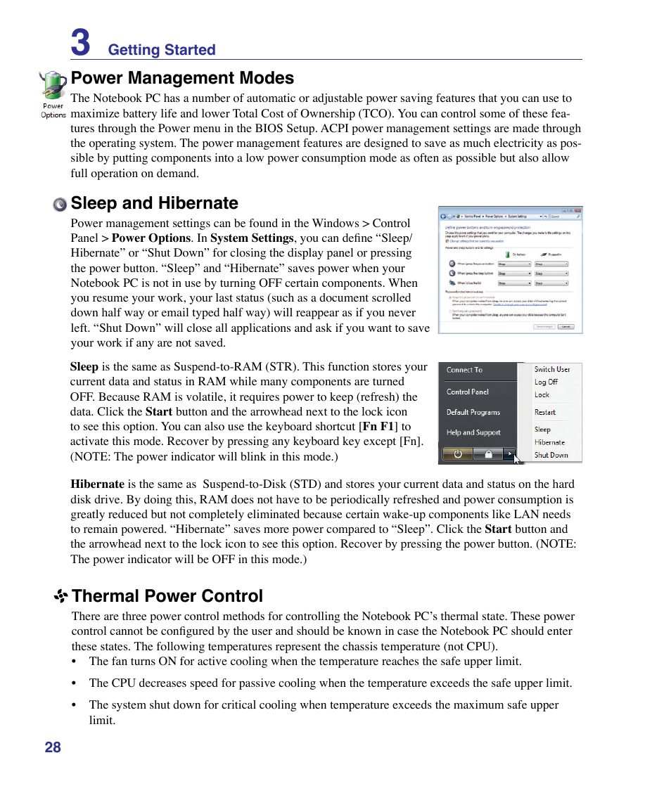 Power management modes, Sleep and hibernate, Thermal power control | Asus K51AE User Manual | Page 28 / 79