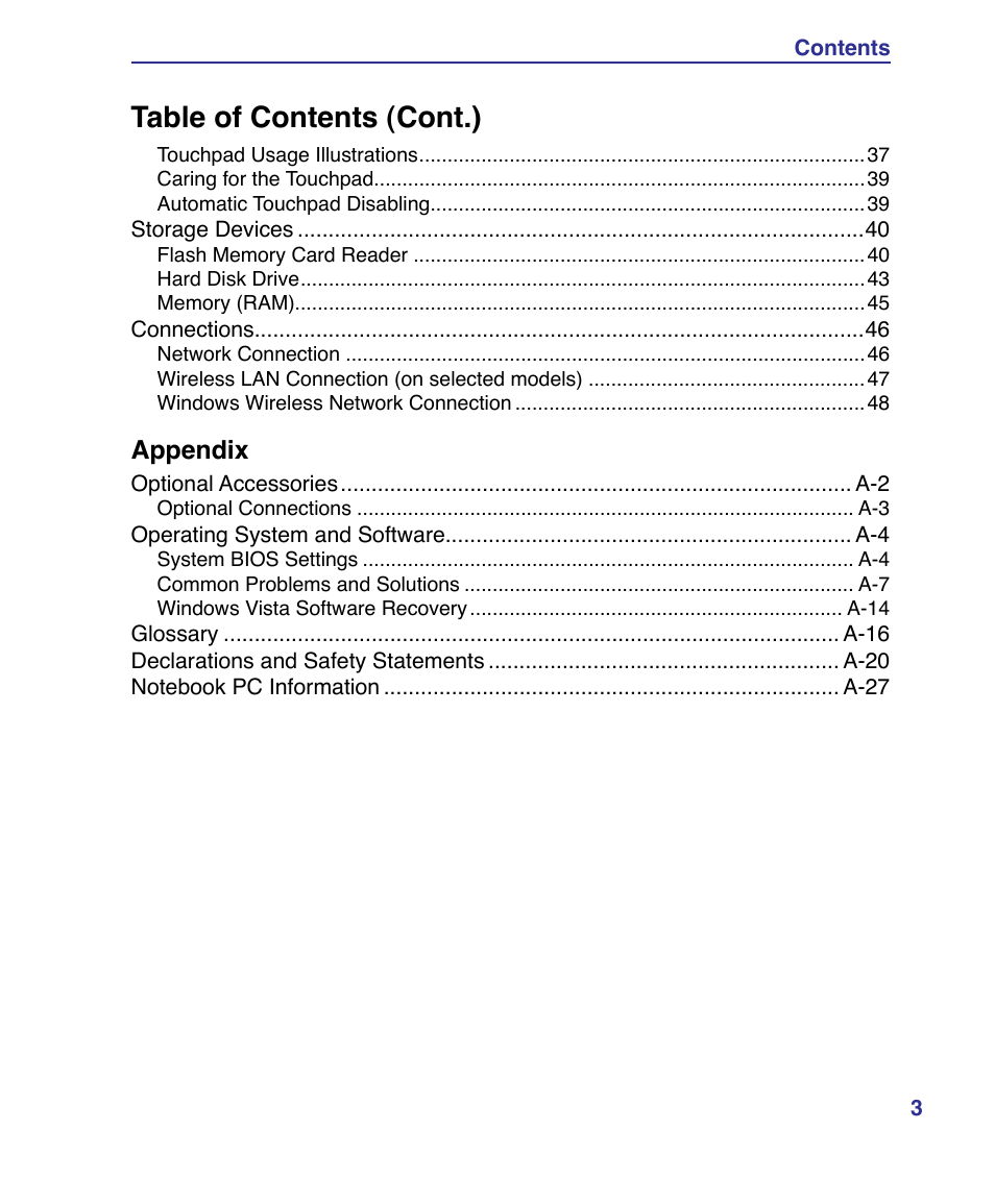 Table of contents (cont.), Appendix | Asus K51AE User Manual | Page 3 / 79