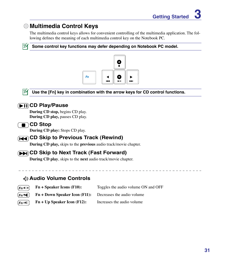 Multimedia control keys | Asus K51AE User Manual | Page 31 / 79