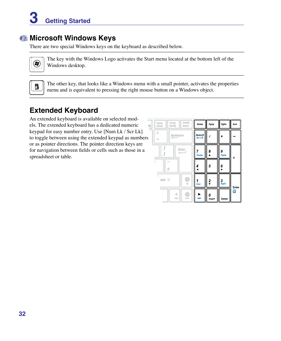 Microsoft windows keys, Extended keyboard | Asus K51AE User Manual | Page 32 / 79