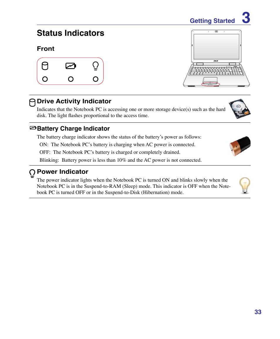 Status indicators | Asus K51AE User Manual | Page 33 / 79