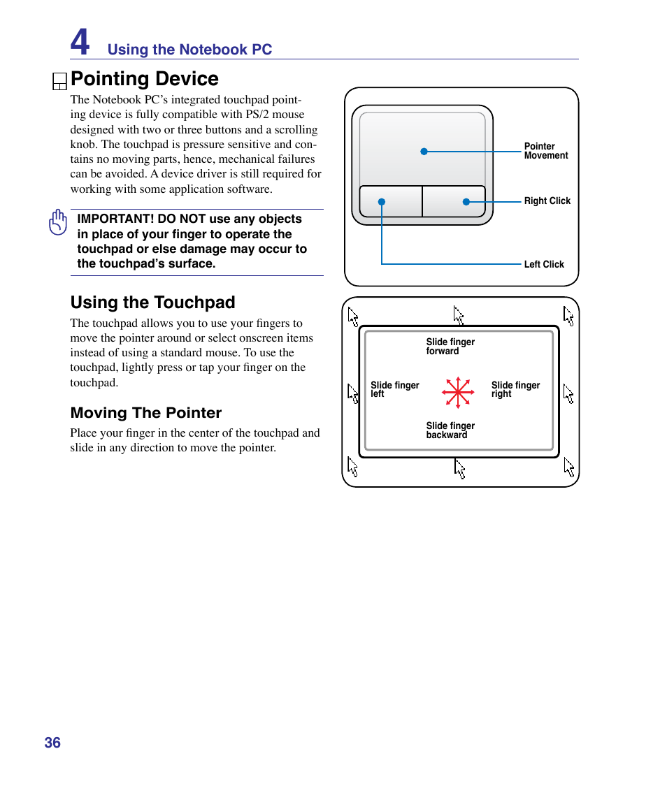 Pointing device, Using the touchpad | Asus K51AE User Manual | Page 36 / 79