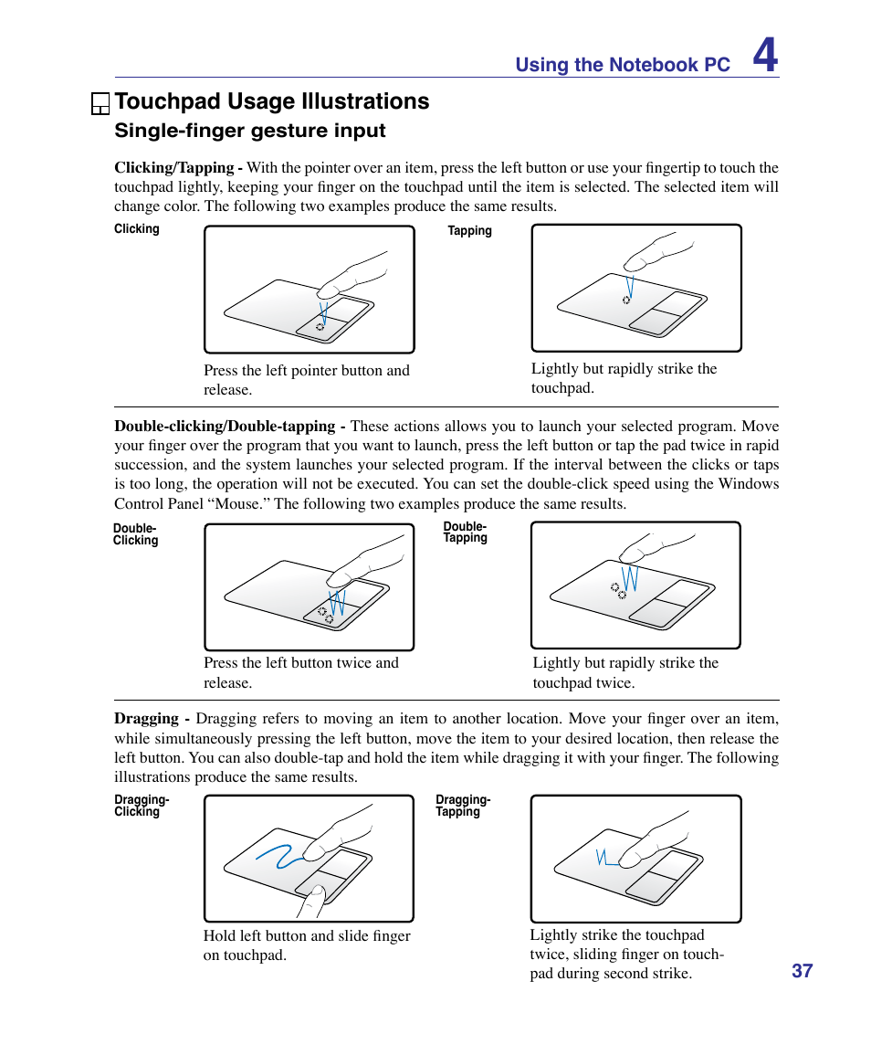 Touchpad usage illustrations | Asus K51AE User Manual | Page 37 / 79