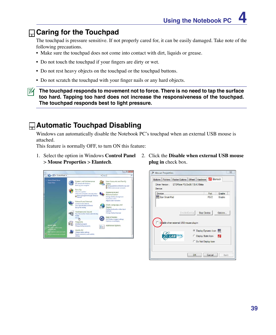 Caring for the touchpad, Automatic touchpad disabling | Asus K51AE User Manual | Page 39 / 79