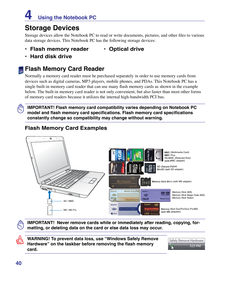 Storage devices, Flash memory card reader | Asus K51AE User Manual | Page 40 / 79