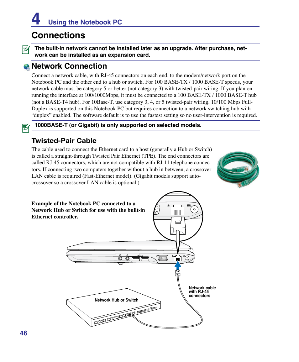 Connections, Network connection | Asus K51AE User Manual | Page 46 / 79