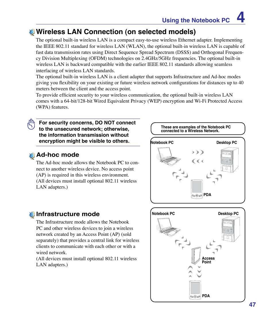 Wireless lan connection (on selected models) | Asus K51AE User Manual | Page 47 / 79