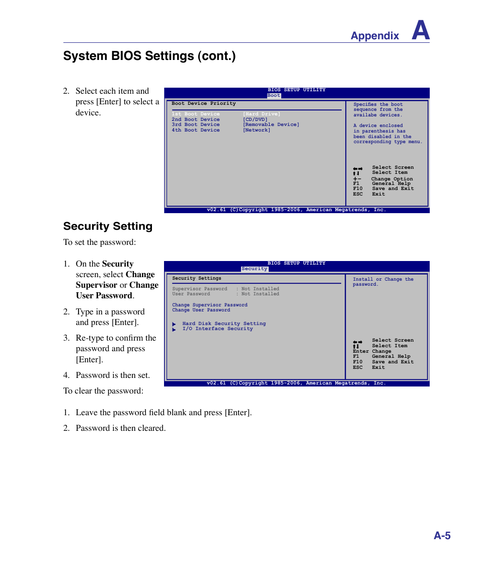 System bios settings (cont.), Appendix, Security setting | Asus K51AE User Manual | Page 53 / 79