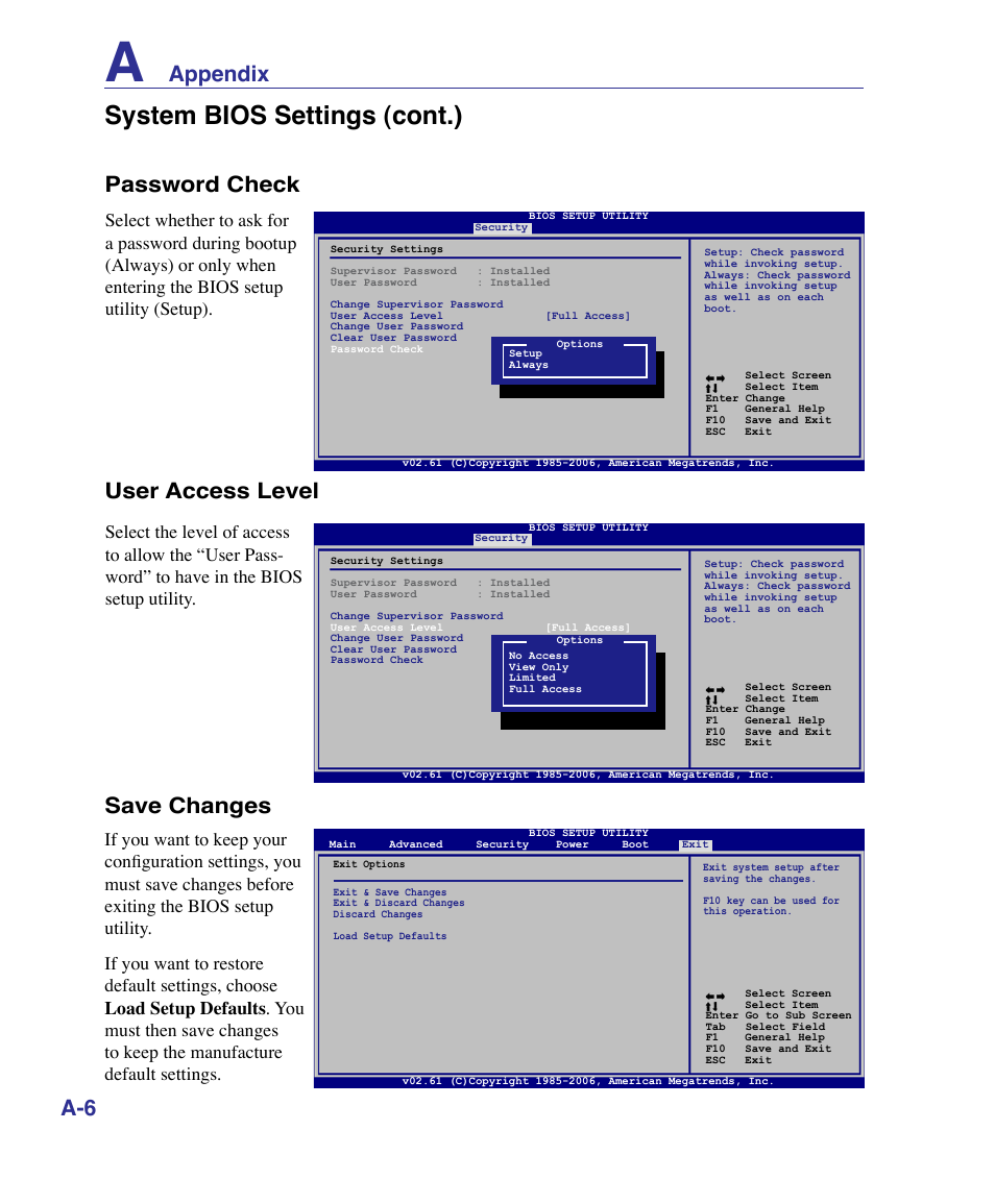 System bios settings (cont.), Appendix a-6, Password check | User access level save changes | Asus K51AE User Manual | Page 54 / 79