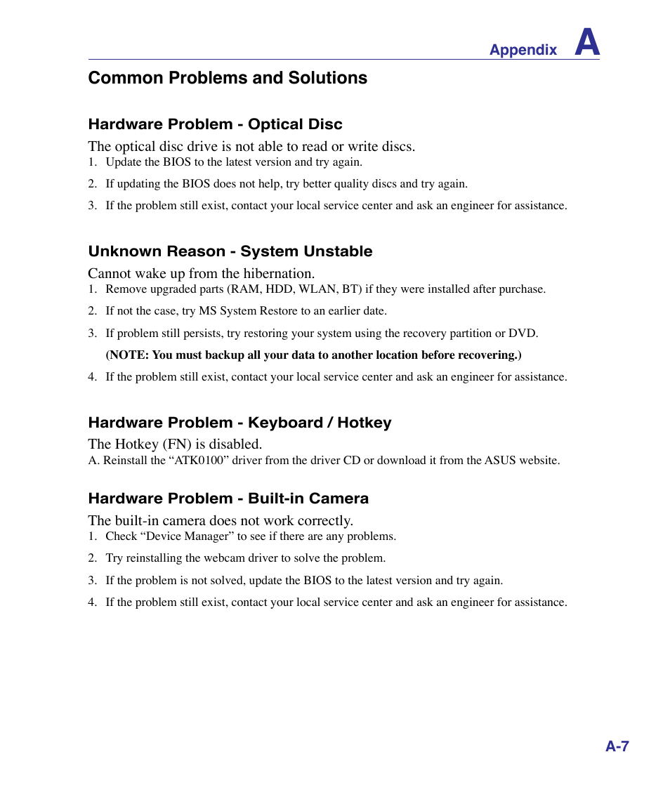 Common problems and solutions | Asus K51AE User Manual | Page 55 / 79