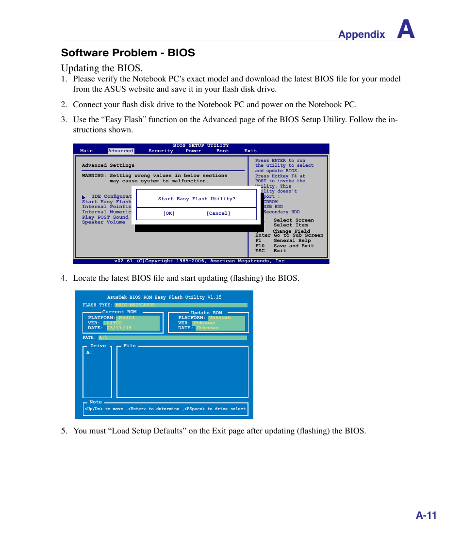 Appendix, A-11 software problem - bios updating the bios | Asus K51AE User Manual | Page 59 / 79