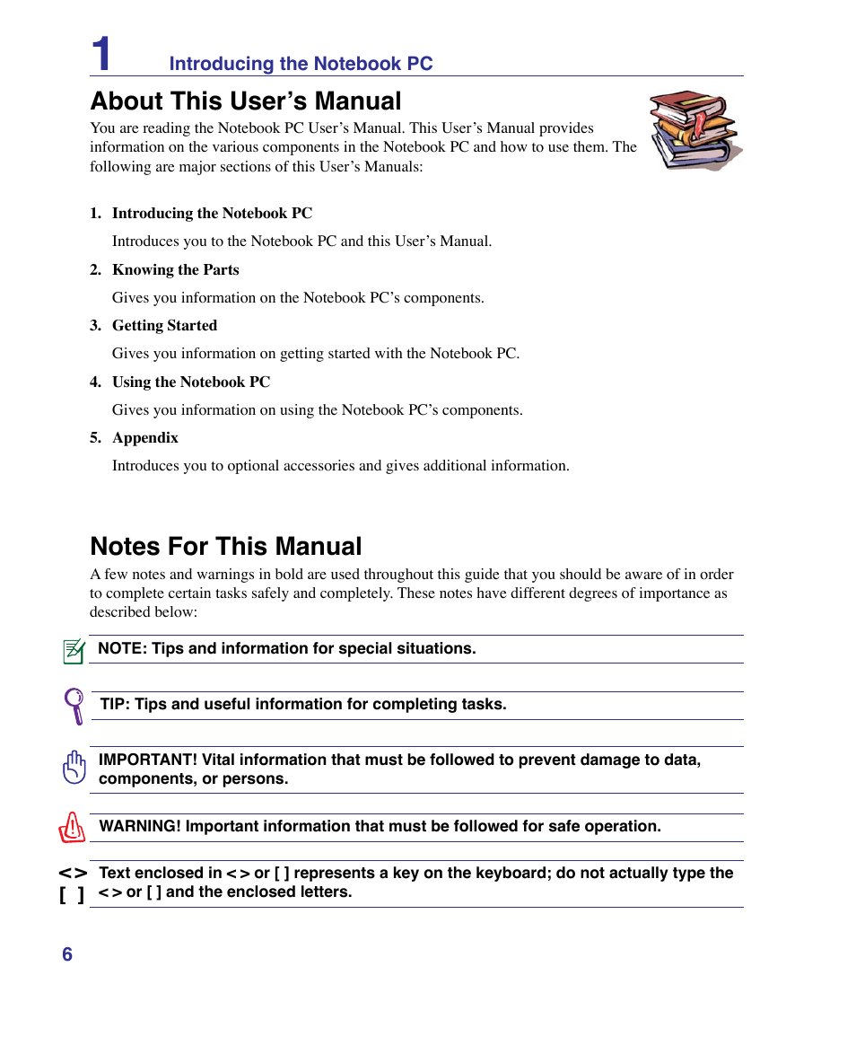 About this user’s manual, Notes for this manual | Asus K51AE User Manual | Page 6 / 79