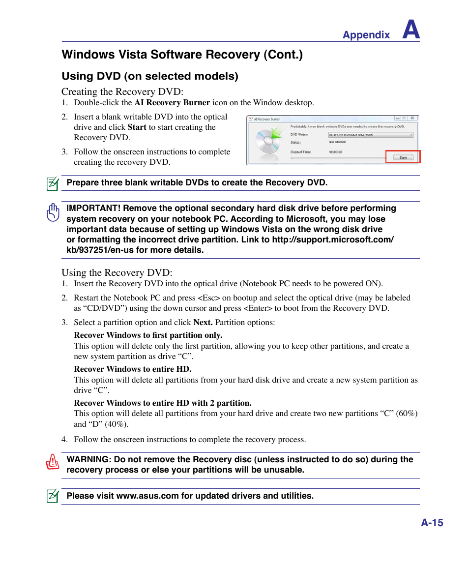 Windows vista software recovery (cont.) | Asus K51AE User Manual | Page 63 / 79