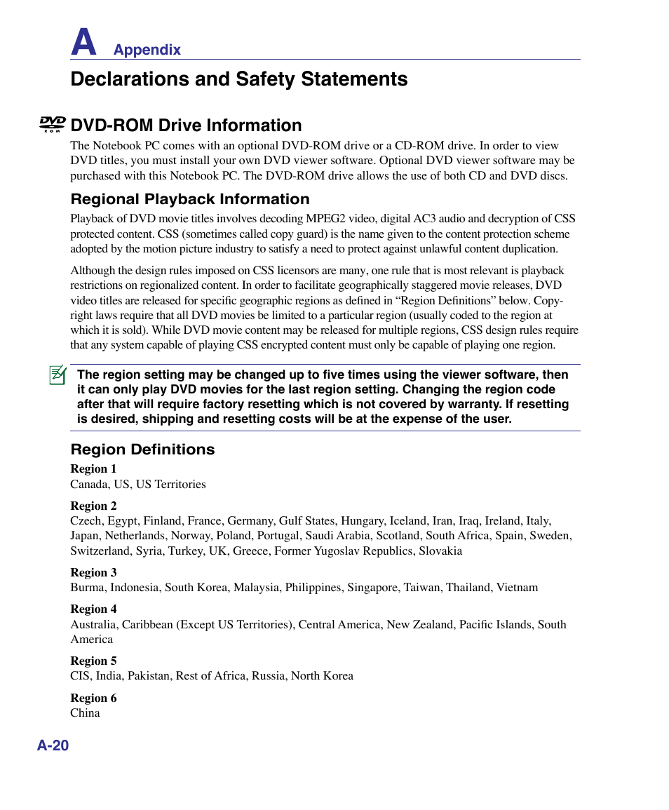 Declarations and safety statements, Dvd-rom drive information | Asus K51AE User Manual | Page 68 / 79