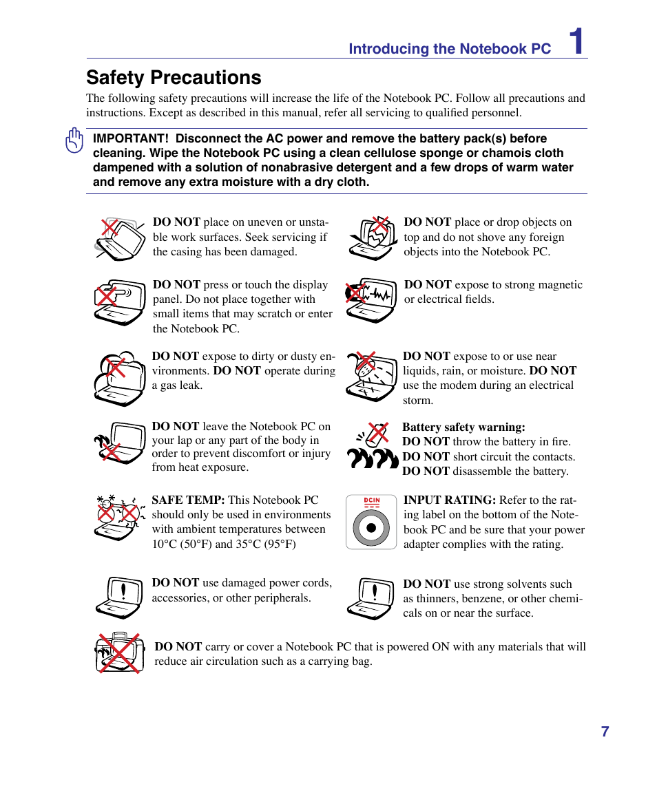 Safety precautions | Asus K51AE User Manual | Page 7 / 79