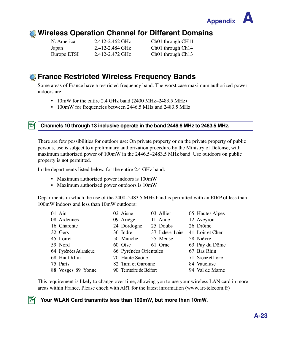 France restricted wireless frequency bands, Wireless operation channel for different domains | Asus K51AE User Manual | Page 71 / 79