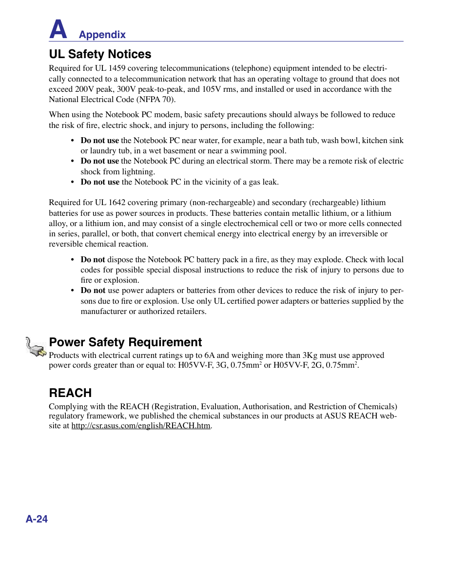 Ul safety notices, Power safety requirement, Reach | Asus K51AE User Manual | Page 72 / 79