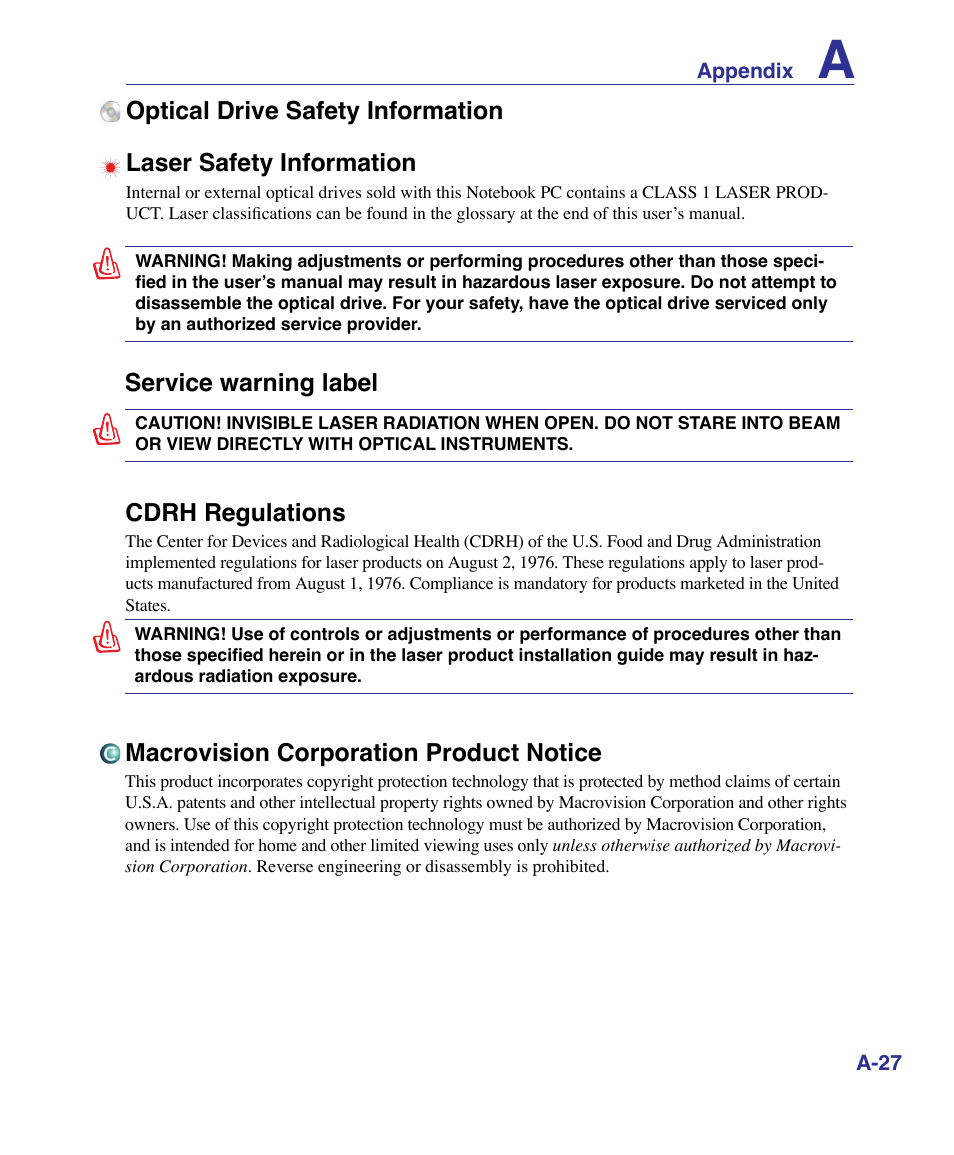 Service warning label, Cdrh regulations, Macrovision corporation product notice | Asus K51AE User Manual | Page 75 / 79