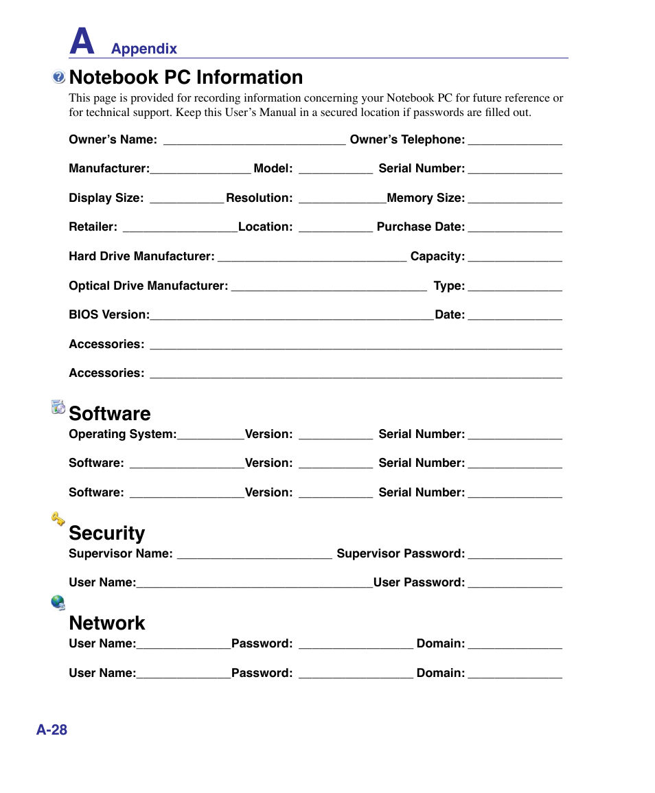 Software, Security, Network | Asus K51AE User Manual | Page 76 / 79