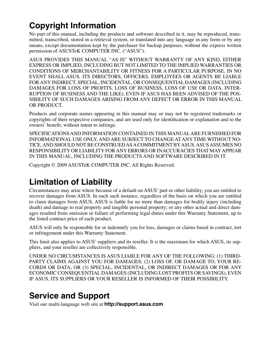 Copyright information, Limitation of liability, Service and support | Asus K51AE User Manual | Page 78 / 79