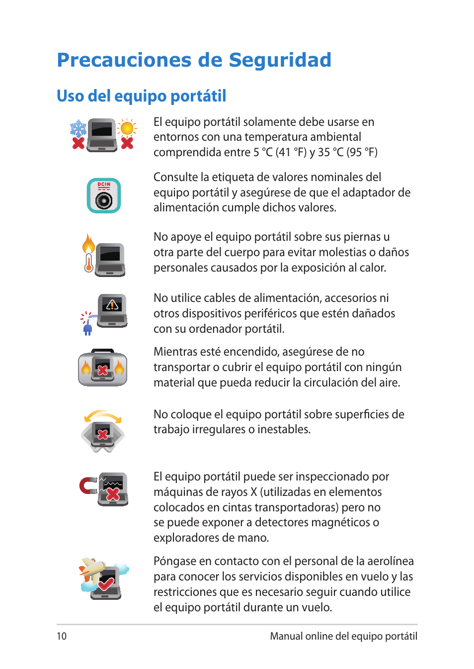 Precauciones de seguridad, Uso del equipo portátil | Asus V451LN User Manual | Page 10 / 136