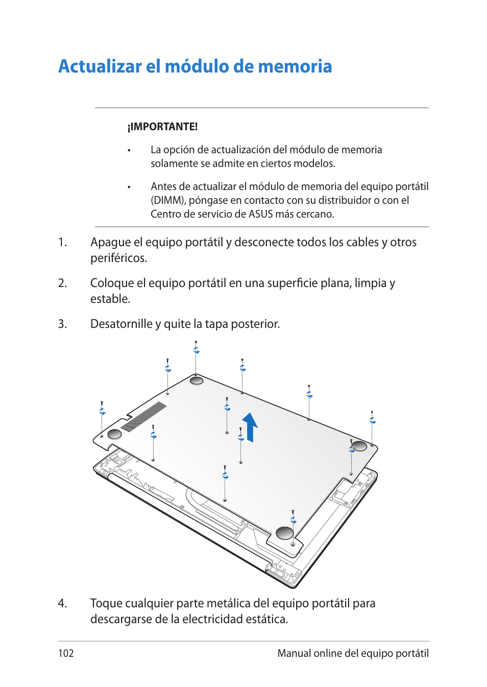 Actualizar el módulo de memoria | Asus V451LN User Manual | Page 102 / 136