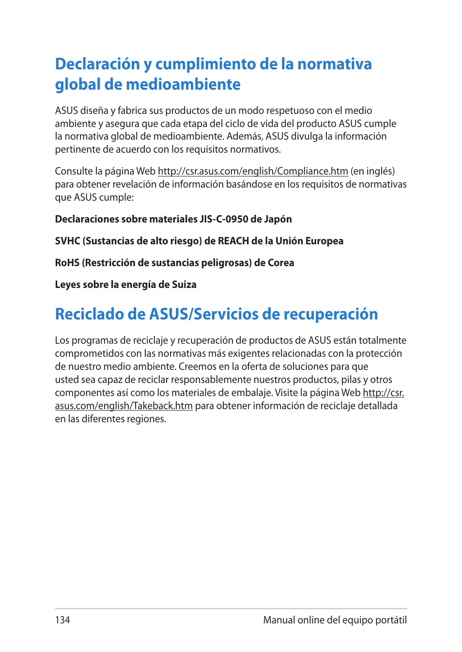 Reciclado de asus/servicios de recuperación | Asus V451LN User Manual | Page 134 / 136