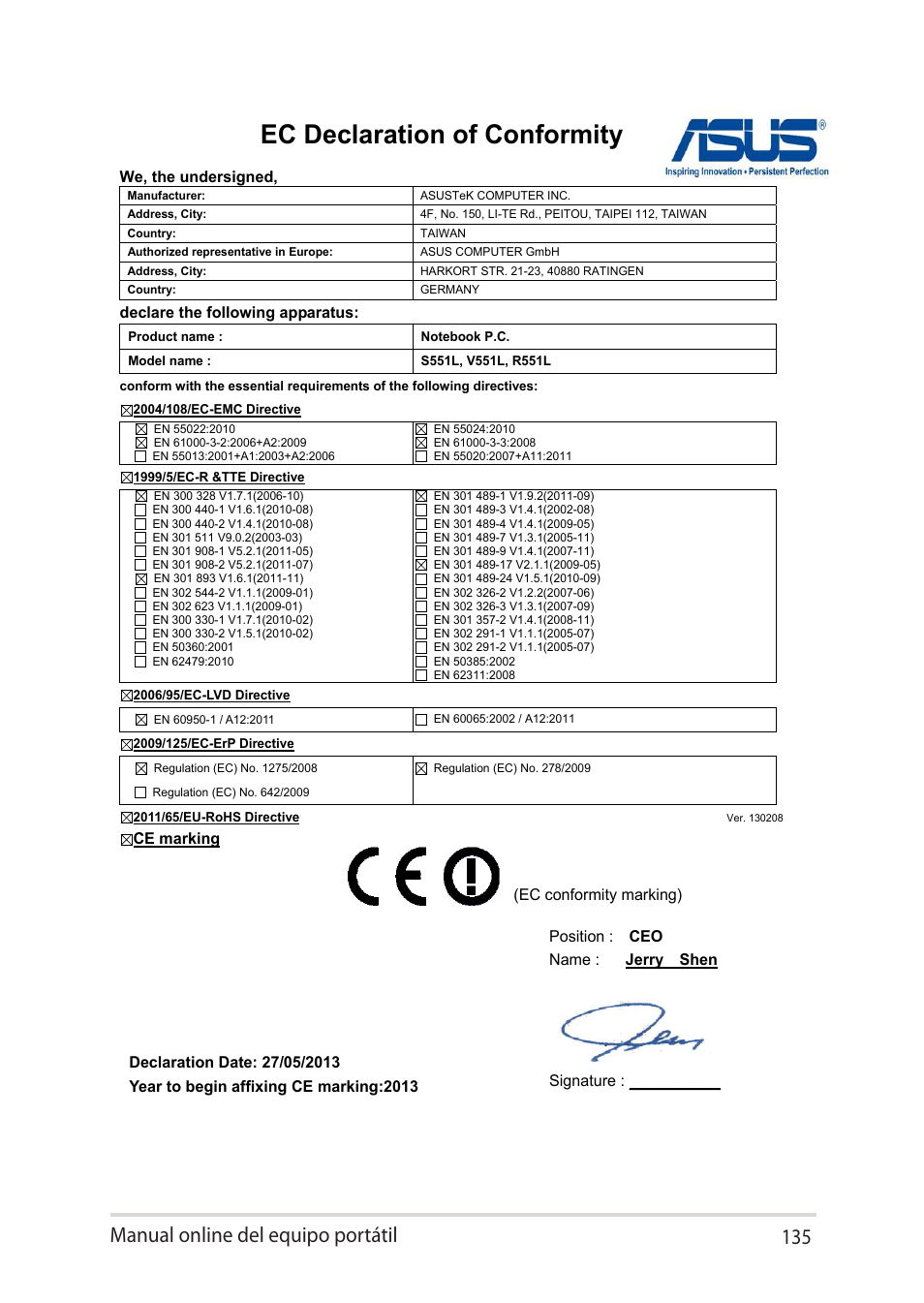 Ec declaration of conformity, Manual online del equipo portátil 13 | Asus V451LN User Manual | Page 135 / 136