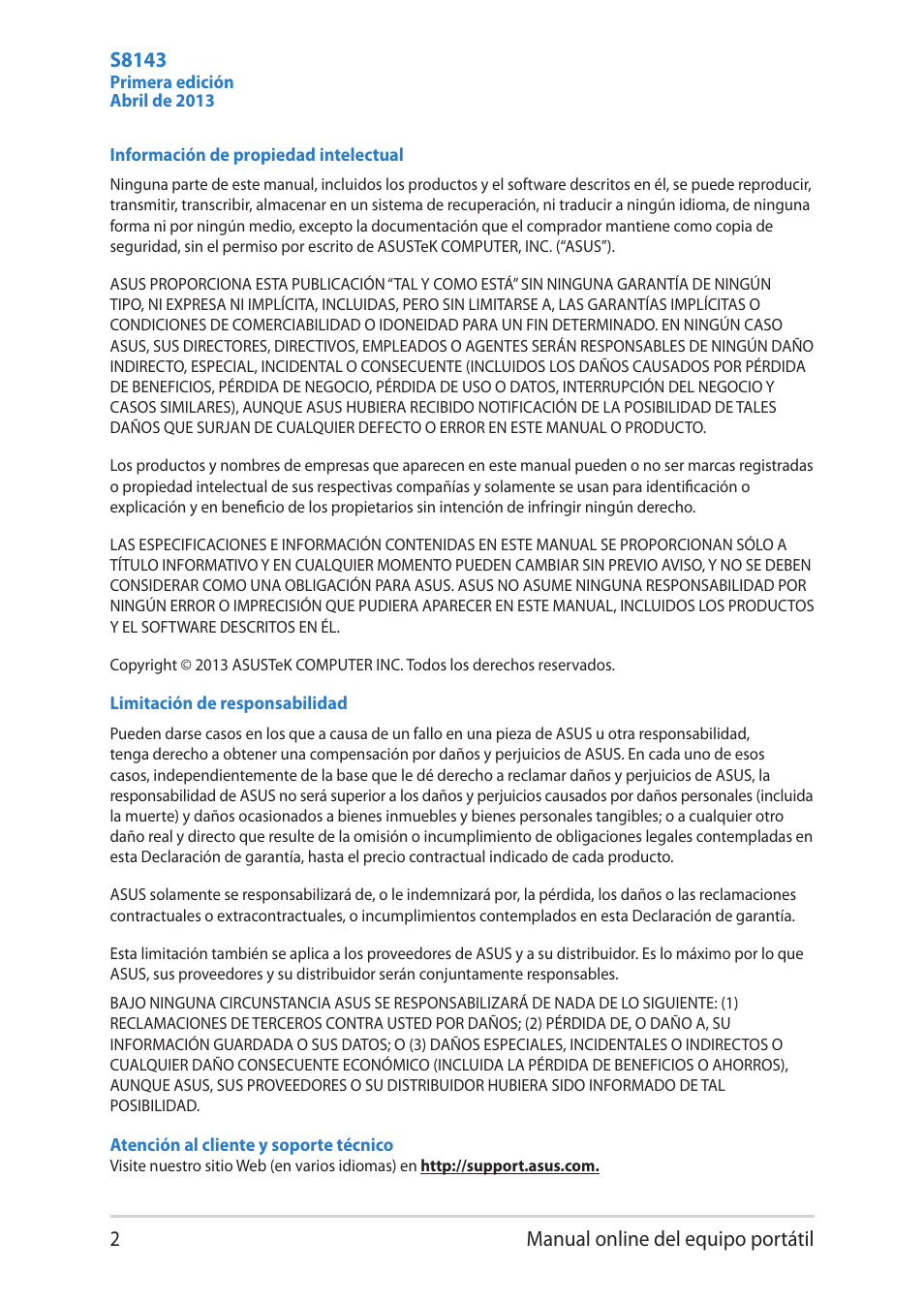 Manual online del equipo portátil, S8143 | Asus V451LN User Manual | Page 2 / 136