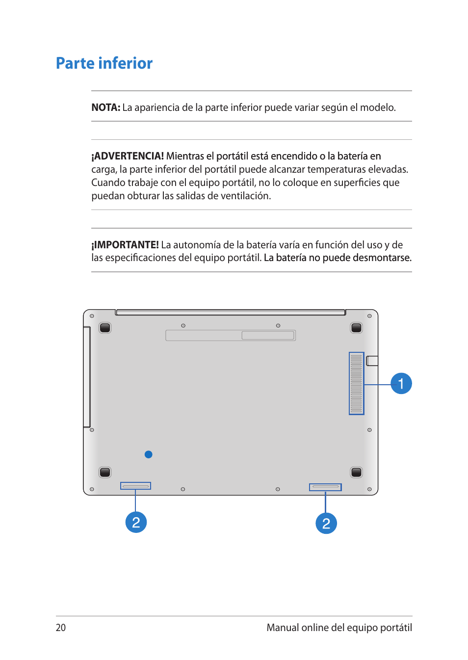 Parte inferior | Asus V451LN User Manual | Page 20 / 136