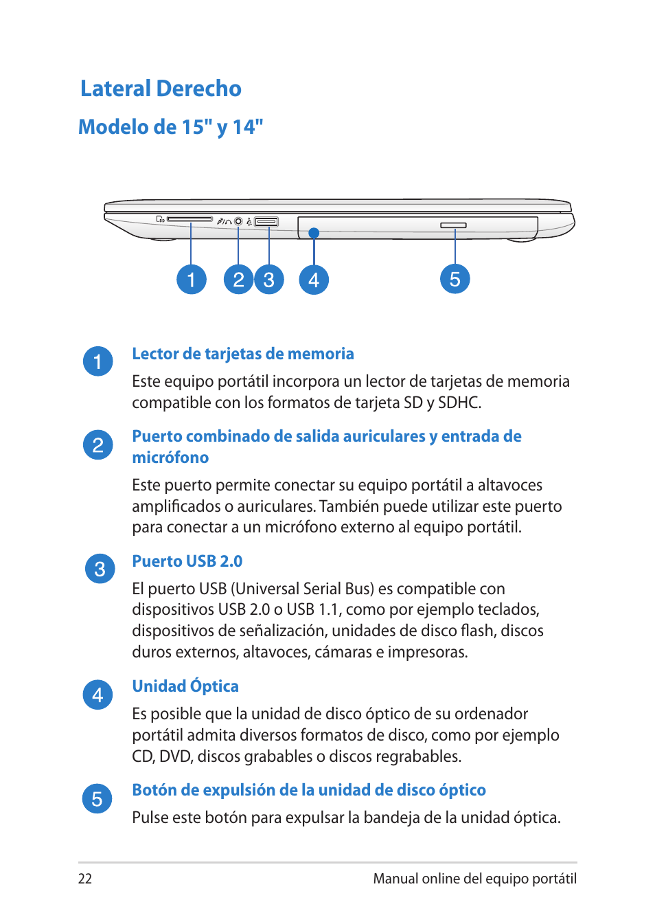 Lateral derecho, Modelo de 15" y 14 | Asus V451LN User Manual | Page 22 / 136