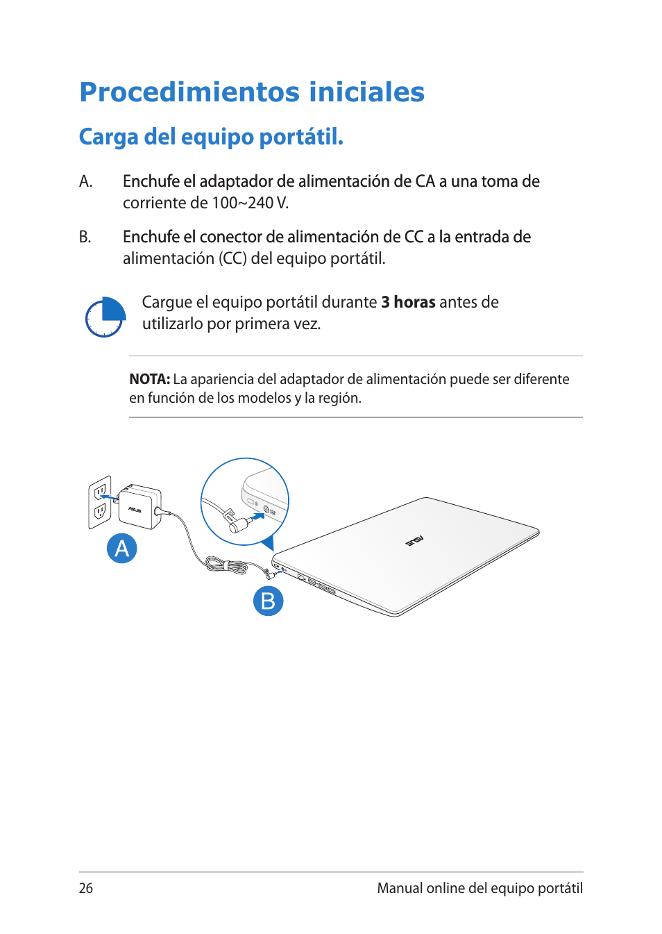 Procedimientos iniciales, Carga del equipo portátil | Asus V451LN User Manual | Page 26 / 136